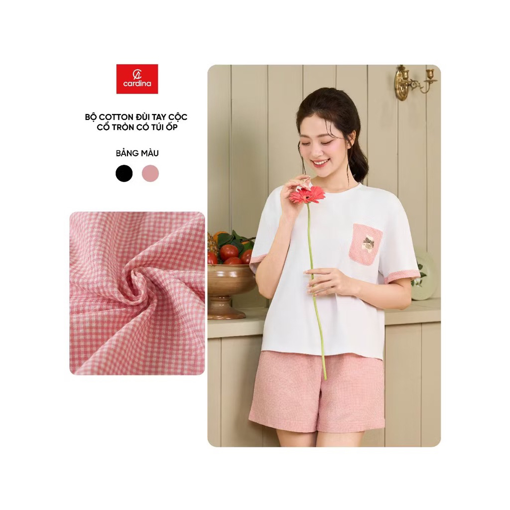 6BCN02 Đồ bộ nữ CARDINA chất cotton cổ tròn có túi ốp và quần đùi kẻ 6BCN02