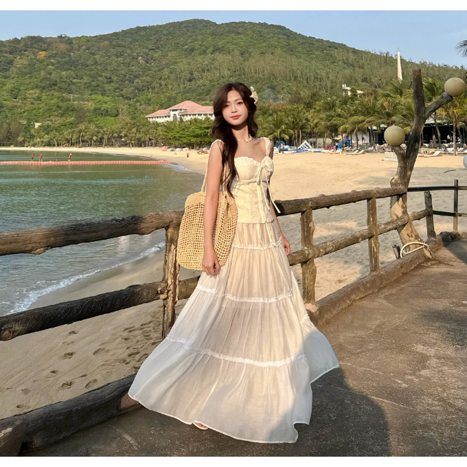 Chân Váy Maxi Bốn Tầng Rút Dây Eo La Boutique Freesize V027 | BigBuy360 - bigbuy360.vn