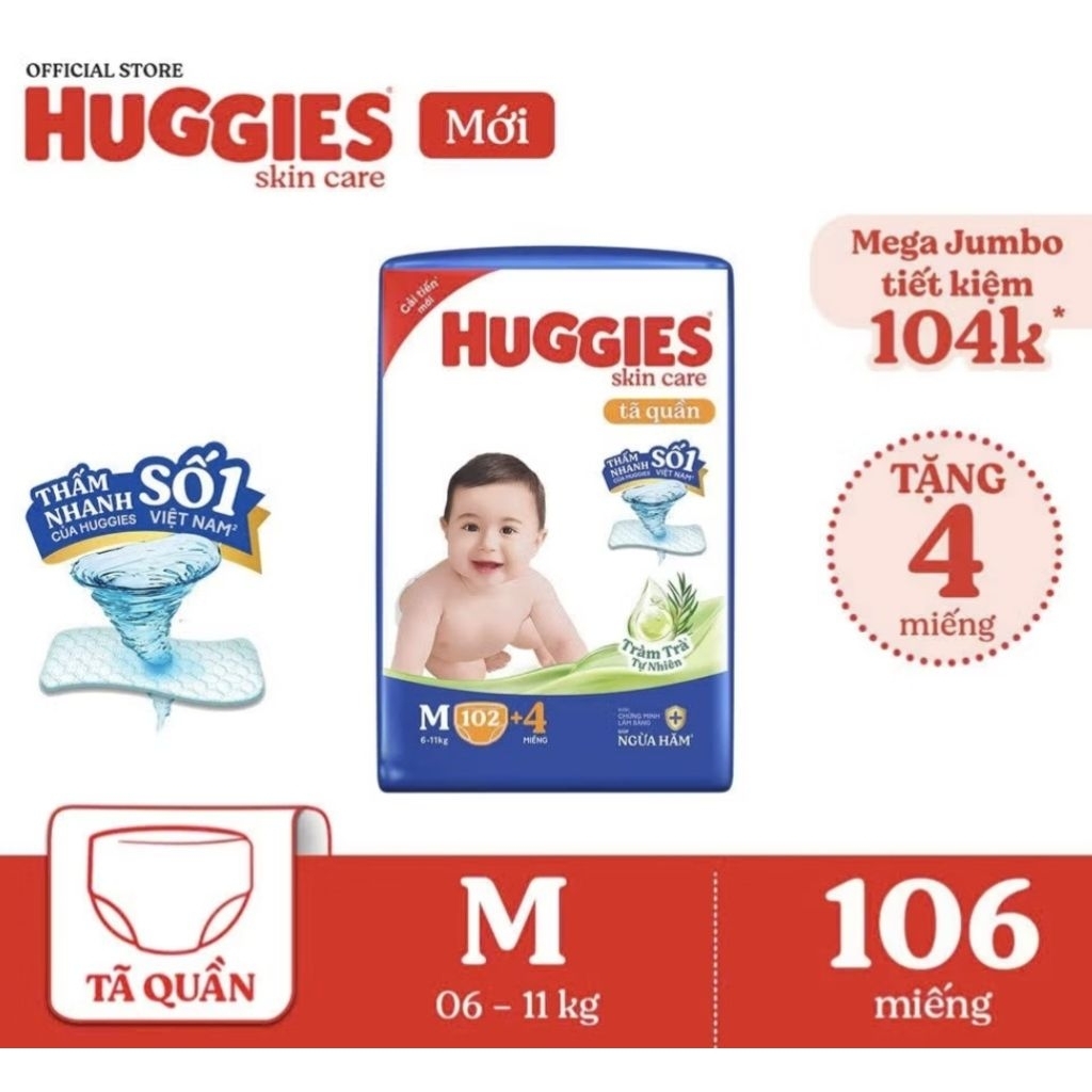 Tã Quần Huggies Tràm Trà Tự Nhiên skin care  M102+4,L100+4,XL 84+4