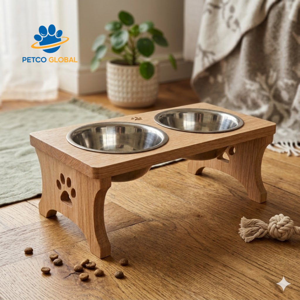 Bát Ăn Cho Chó To PETCO GLOBAL |  Bằng Gỗ tự nhiên Chống Nước, Bát Inox 304 - Vệ Sinh Dễ Dàng