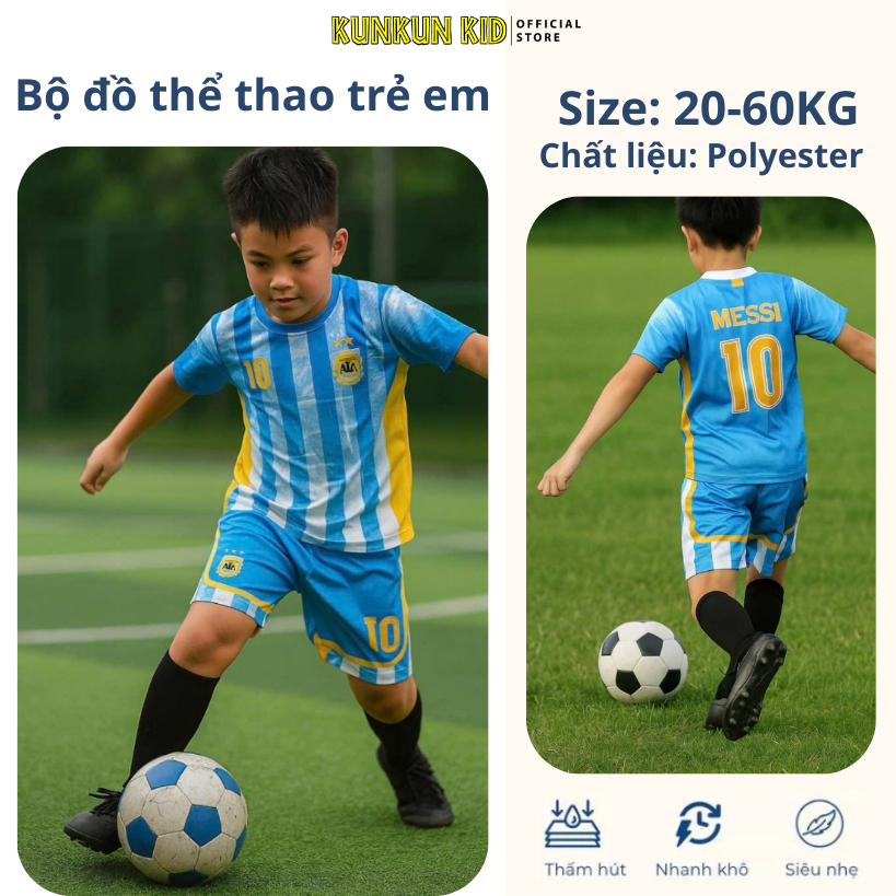 Đồ bộ thể thao bé trai in 3D Cầu Thủ số 10 Messi màu xanh  - Đá bạn, bóng rổ TP1290 - Kunkun Kids