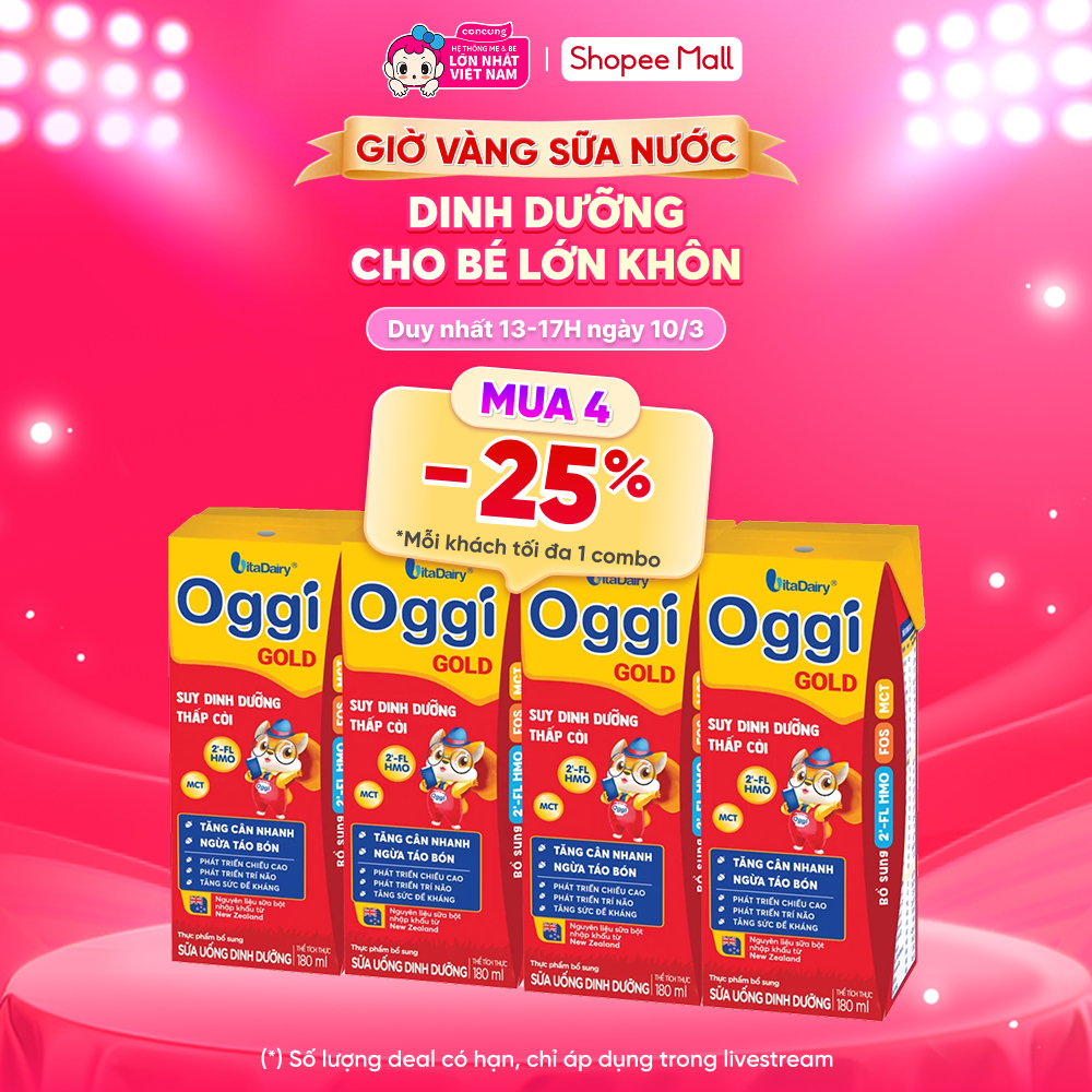 Sữa uống dinh dưỡng Oggi Gold 180ml, lốc 4 hộp (trên 1 tuổi)