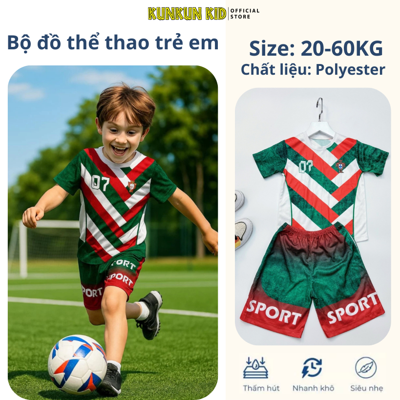 Đồ bộ thể thao bé trai in 3D Cầu Thủ số 07 Ronaldo sọc đỏ xanh lá trắng-Đá banh TP1295 - Kunkun Kids
