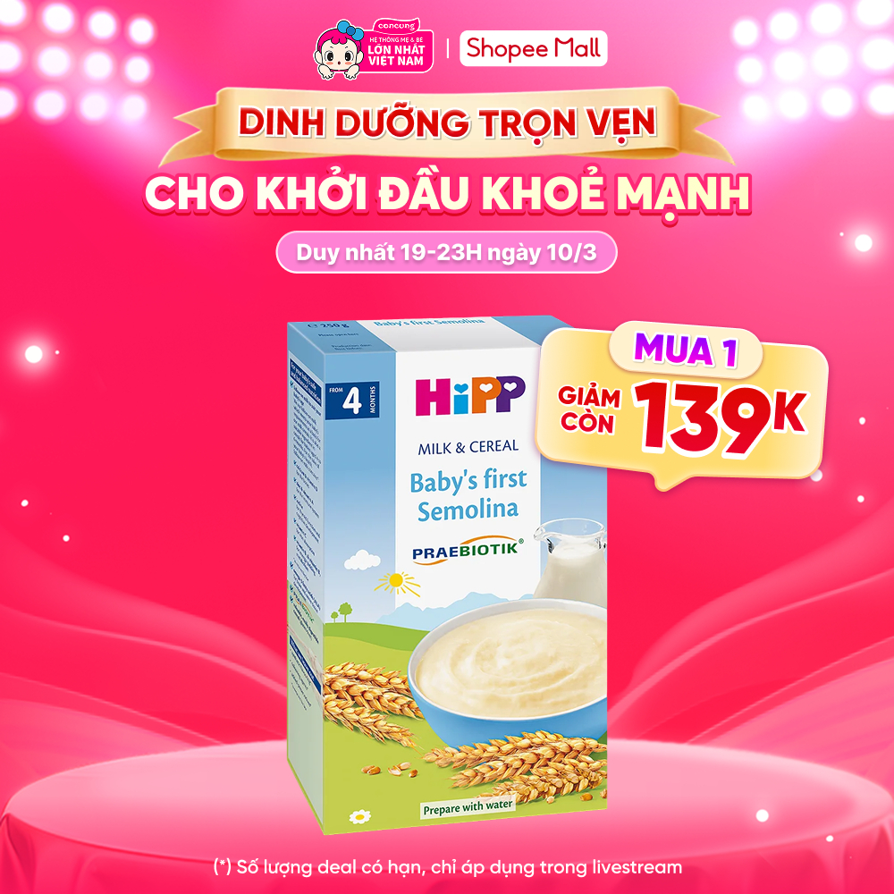 Bột ngũ cốc chứa sữa Ăn dặm khởi đầu Semolina HiPP Organic cho bé từ 6-36 tháng tuổi