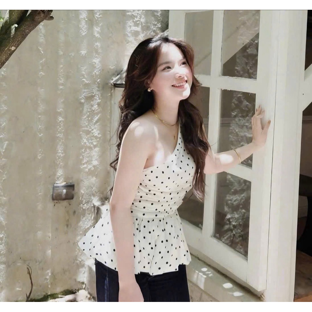 Áo peplum chấm bi lệch vai tùng bí HT650, kèm hình thậ sp