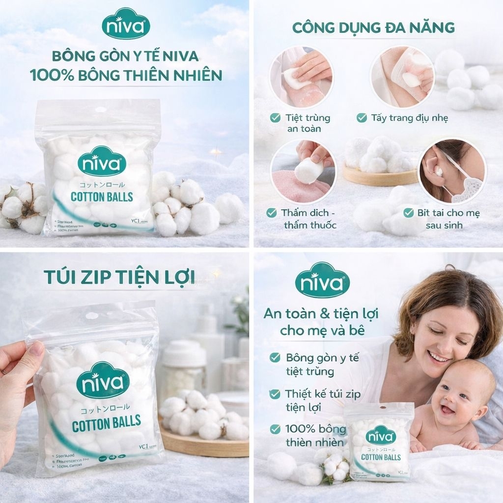 Gói 100 Viên Bông Gòn Niva - Bịt Tai Cho Mẹ Sau Sinh, 100% Bông Thiên Nhiên An Toàn