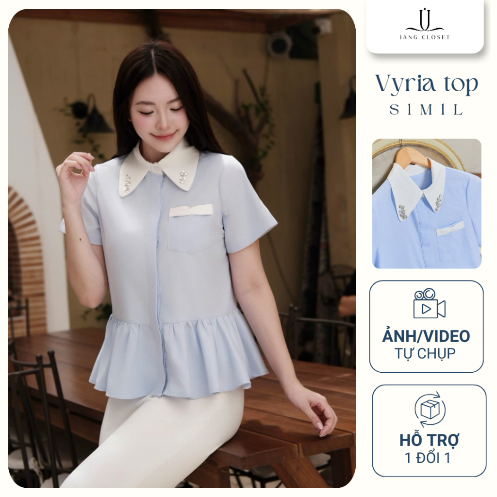[JANG CLOSET] Áo sơ mi nữ công sở thanh lịch đính đá ở nắp túi giả Jang Closet mặc đi làm đi chơi VY