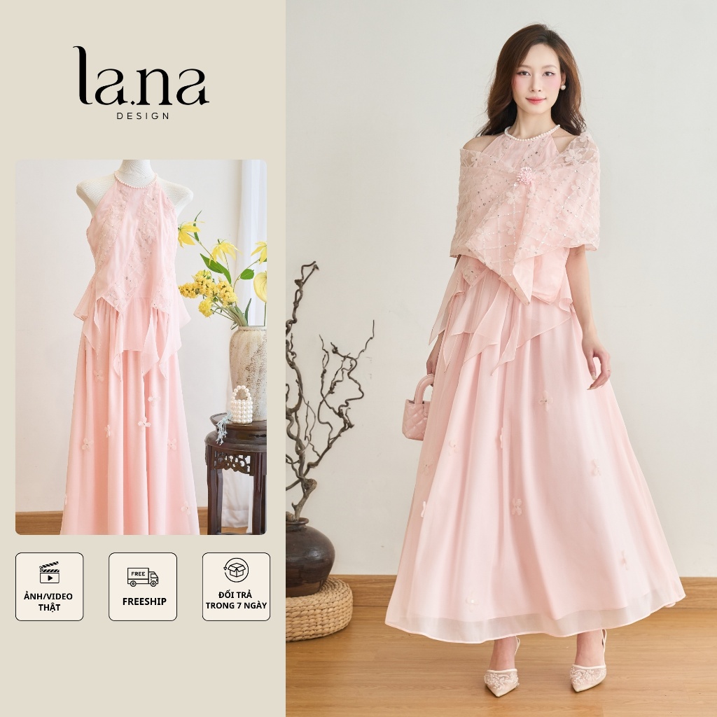 Set váy Phấn Nhiên thiết kế LA.NA DESIGN chất lưới ren đính kim sa phối tơ gồm yếm, áo khoác, váy ph