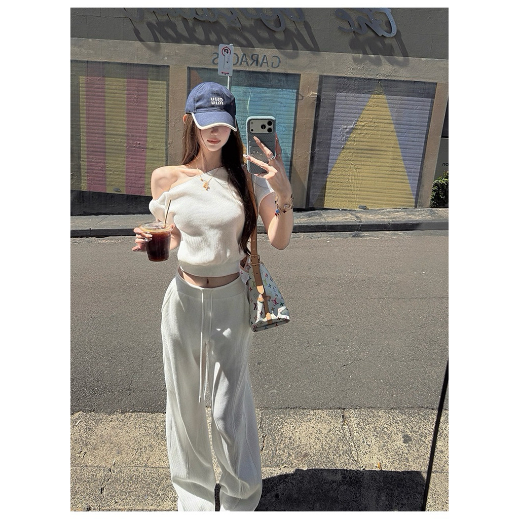 Set áo lệch vai phối quần dài dây rút TABISHOP Set đồ nữ sang chảnh mặc hè du lịch đi chơi