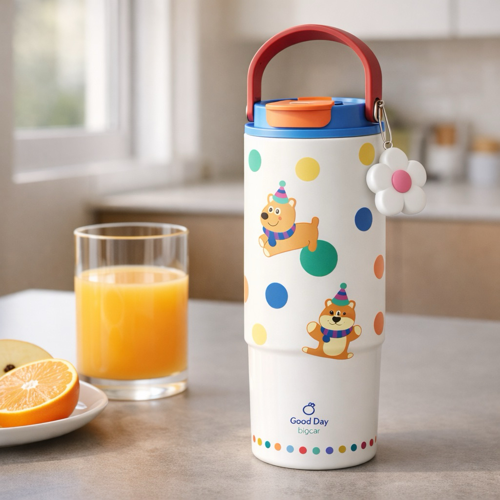 [880ML] Bình Giữ Nhiệt LUCKY Big Car | Inox 316 Tráng Sứ – Đáy Silicone & Charm Hoa