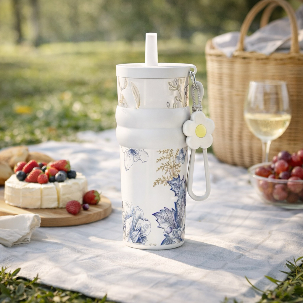 [710ML] Bình Giữ Nhiệt FLOWER COLLECTION Big Car | Inox 316 Tráng Sứ – Đáy Silicone & Charm Hoa