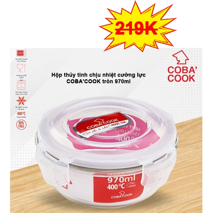 [Clearance Sale 75K] Hộp thủy tinh chịu nhiệt COBA'COOK tròn CBHR970 970ml