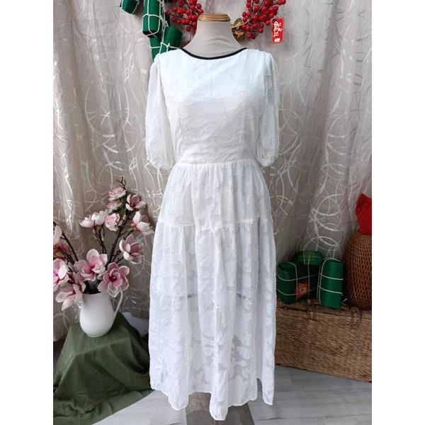 GALERIA CHIC NEW TAG - Đầm tay dài viền đen buộc dây bymo - SIZE L