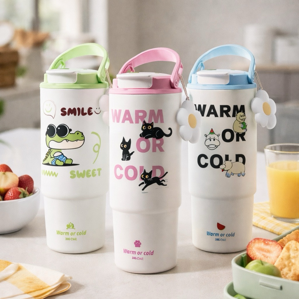 [880ML] Bình Giữ Nhiệt WARM OR COLD Big Car | Inox 316 Tráng Sứ – Đáy Silicone & Charm Hoa