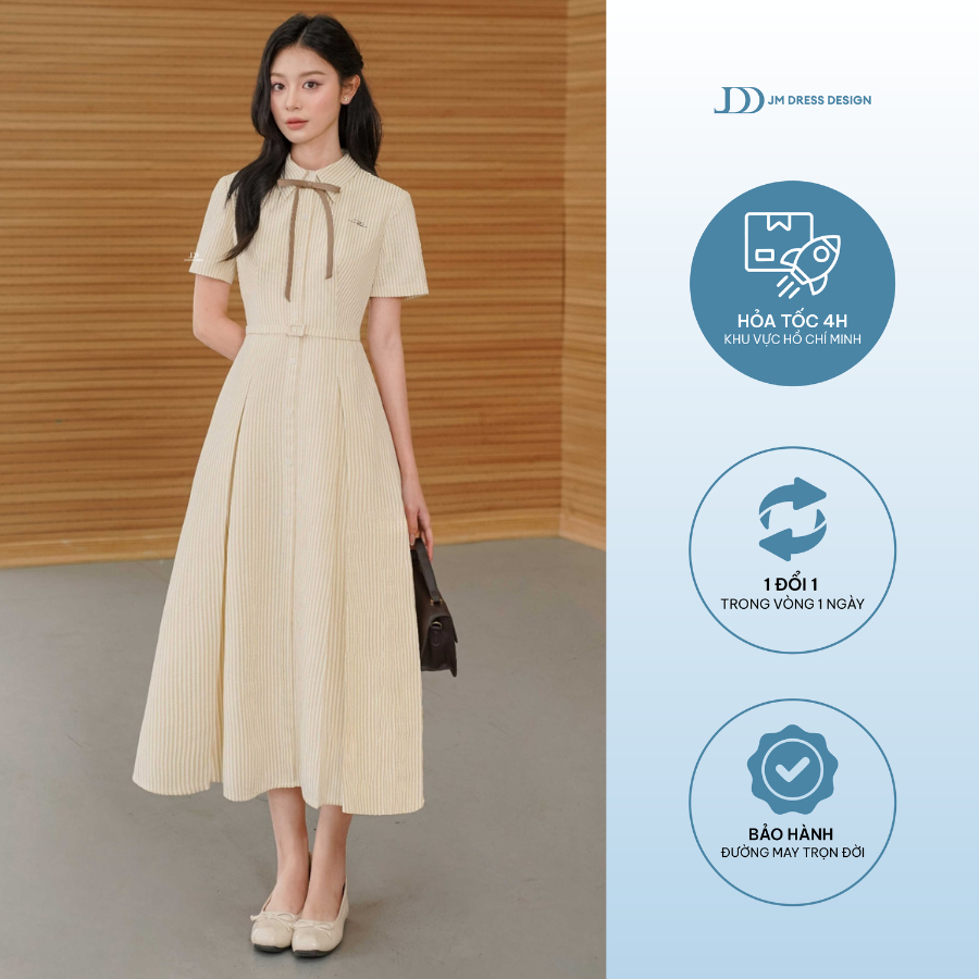 Đầm Cổ Đức Xếp Ly Chụm Dài 1S26.2503K, Đầm Dài Váy Sơ Mi Dáng Dài Thanh Lịch Công Sở Thiết Kế Bởi JM