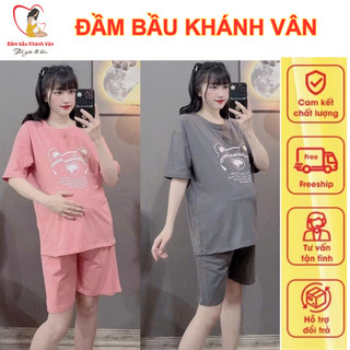 Bộ Bầu Mặc Nhà Cotton Mềm Mát – Set Đồ Bầu Áo Form Rộng In Gấu + Quần Lửng Thoải Mái Cho Mẹ Bầu & Sau Sinh