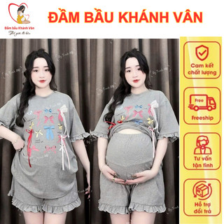 Bộ Bầu Mặc Nhà Cotton Mềm Mát – Set Đồ Bầu Áo In Nơ Dễ Thương + Quần Short Bèo Thoải Mái Cho Mẹ Bầu & Sau Sinh