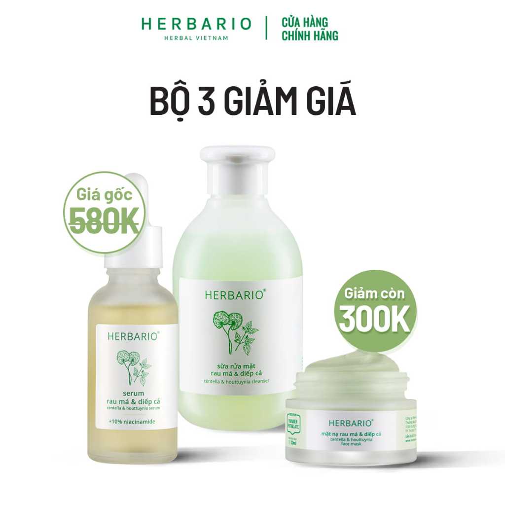 Bộ 3 chăm sóc da mụn cơ bản Rau má&Diếp cá Herbario: Sữa rửa mặt 200ml + Serum 30ml + Mặt nạ 30ml