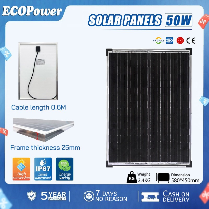 Pin mặt trời gọn nhẹ 50W 12V 18V chống nước sạc điện thoại du lịch camping