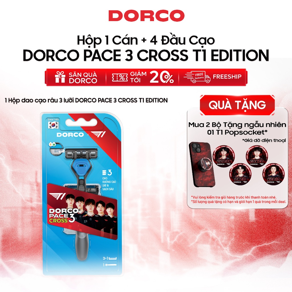 Dao Cạo Râu Hàn Quốc 3 Lưỡi DORCO PACE 3 CROSS T1 Edition - (PRM)TRC1004(3+1)-B T1 - Hộp 1 Cán và 4 