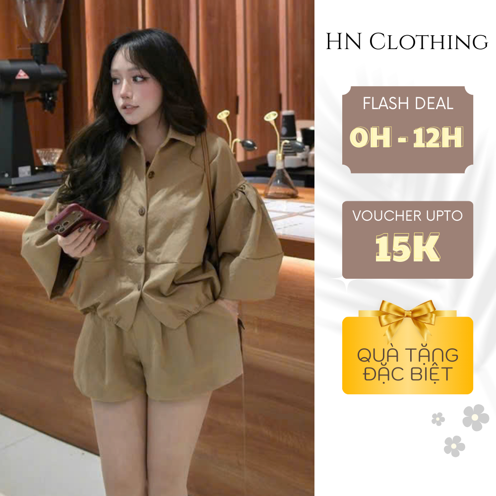 Set áo sơ mi nữ tay dài form rộng kèm quần short phong cách Hàn Quốc trẻ trung HN Clothing S154