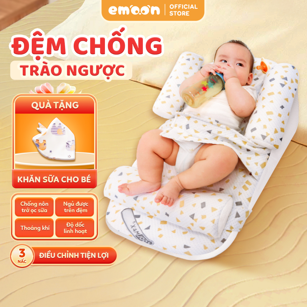 Gối chống trào ngược cao cấp Emoon có đai đeo và thanh chặn 2 bên bảo vệ cột sống cho bé