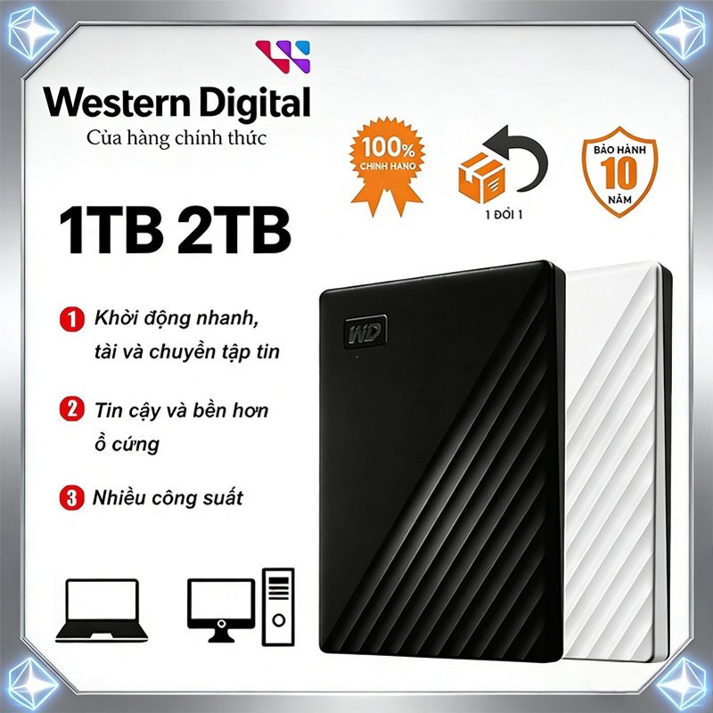 Western Digital HDD Ổ cứng di động ngoài  cho Laptop/PC 1TB/2TB Hàng chính hãng Bảo hành 10 năm