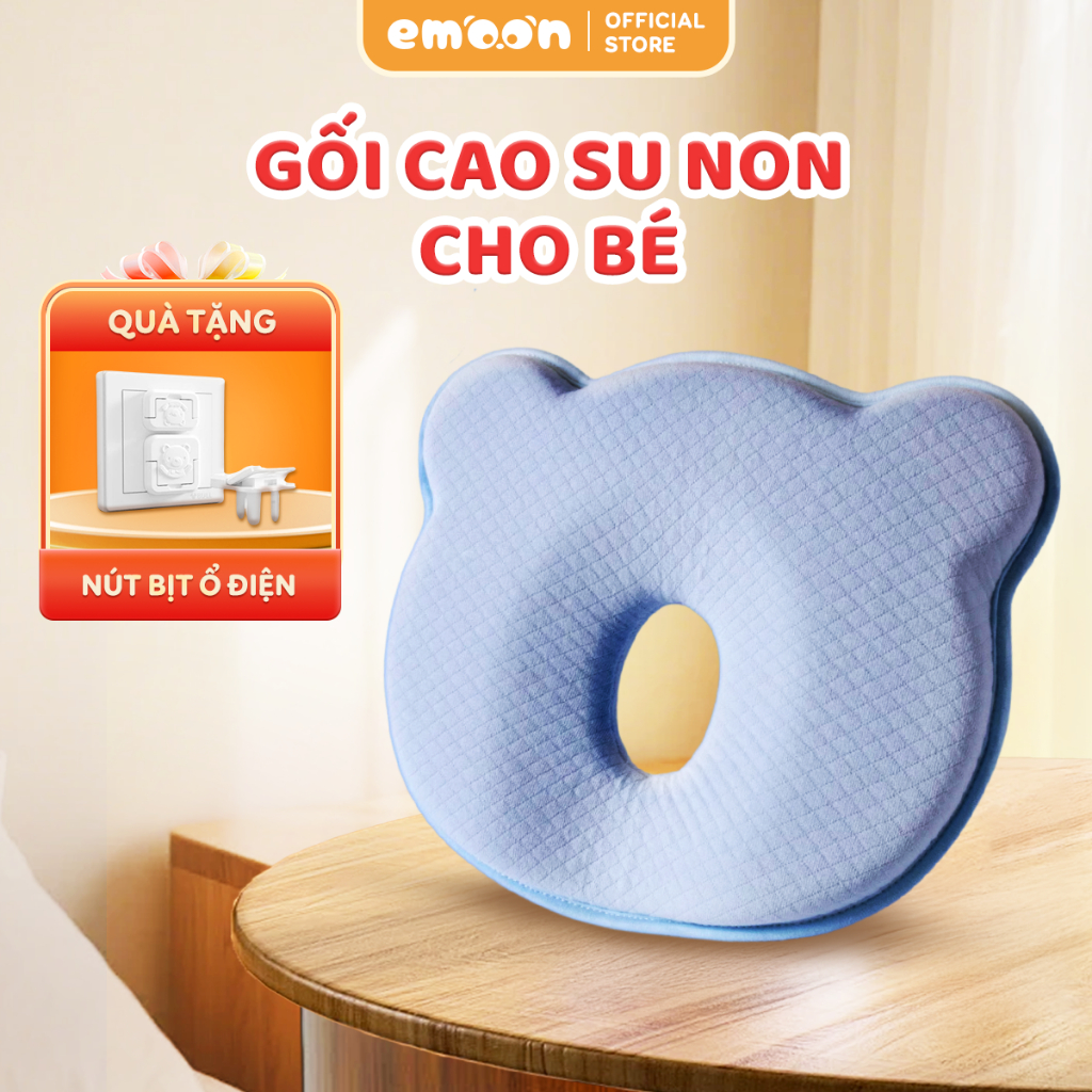 Gối cao su non chống bẹp đầu tai gấu Emoon cho bé từ 0-12 tháng tuổi, mềm mịn, thoáng khí an toàn cho bé