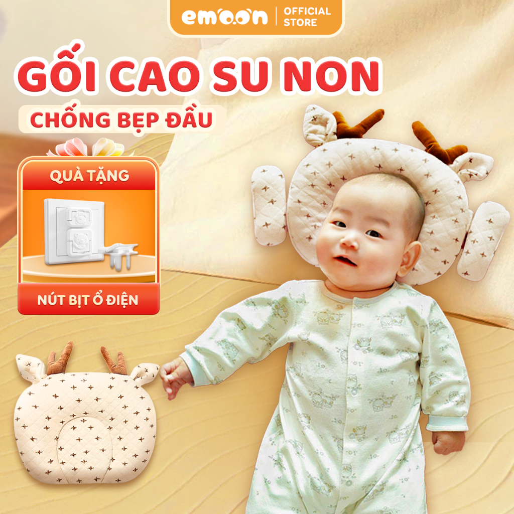 Gối cao su non cho bé Emoon chống bẹp đầu, méo đầu, vải organic thấm hút mồ hôi, êm ái, thoáng khí giúp bé ngủ ngon