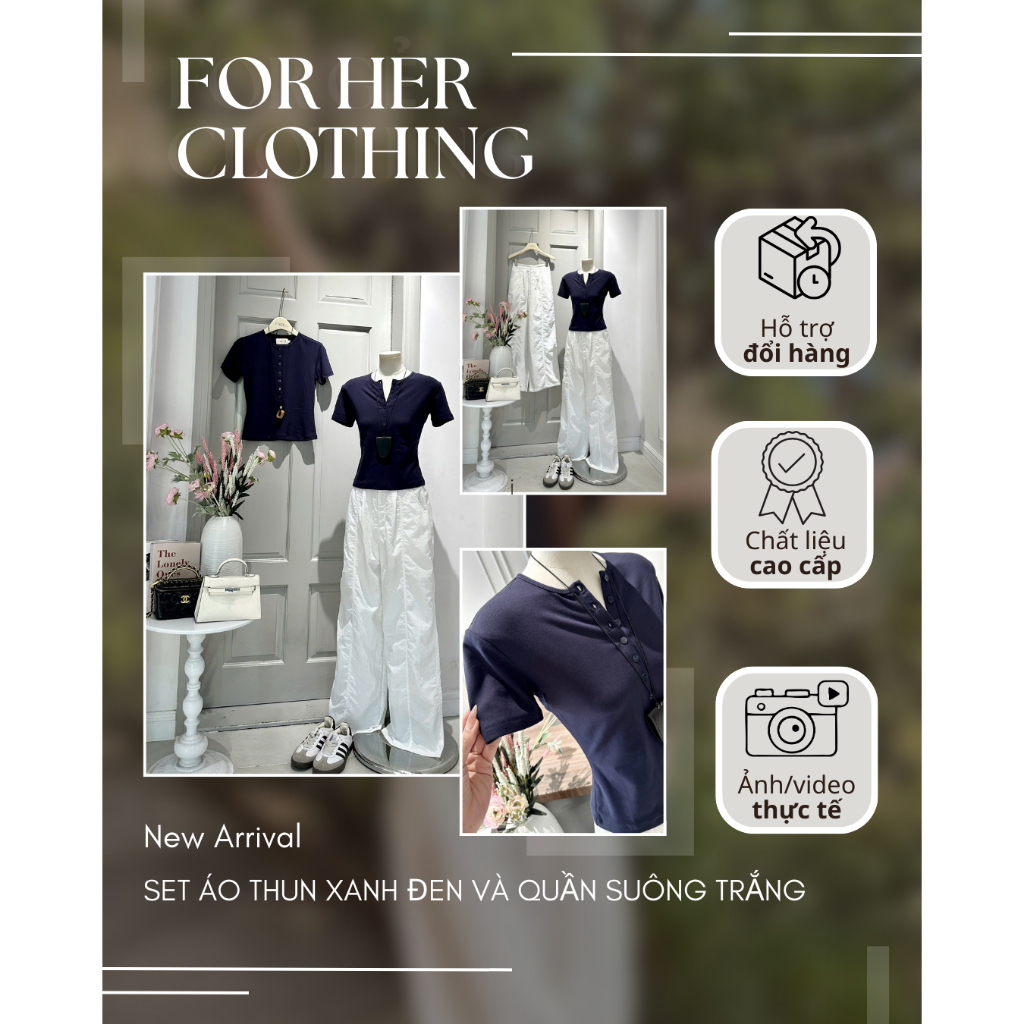 Set áo thun xanh đen kèm quần suông trắng FOR HER CLOTHING