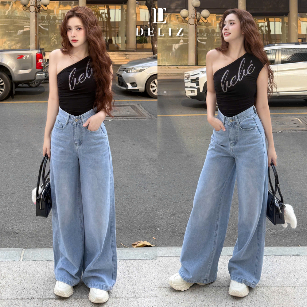 Quần jean cạp cao ống rộng phối cúc dáng suông tôn eo phong cách retron đường phố năng động J412