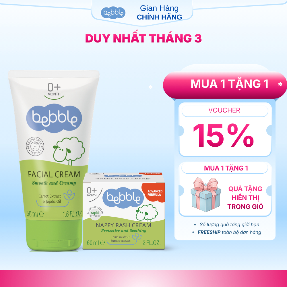 Combo Kem dưỡng ẩm cho bé Bebble Facical Cream 50ml+ Kem hăm Bebble 60ml
