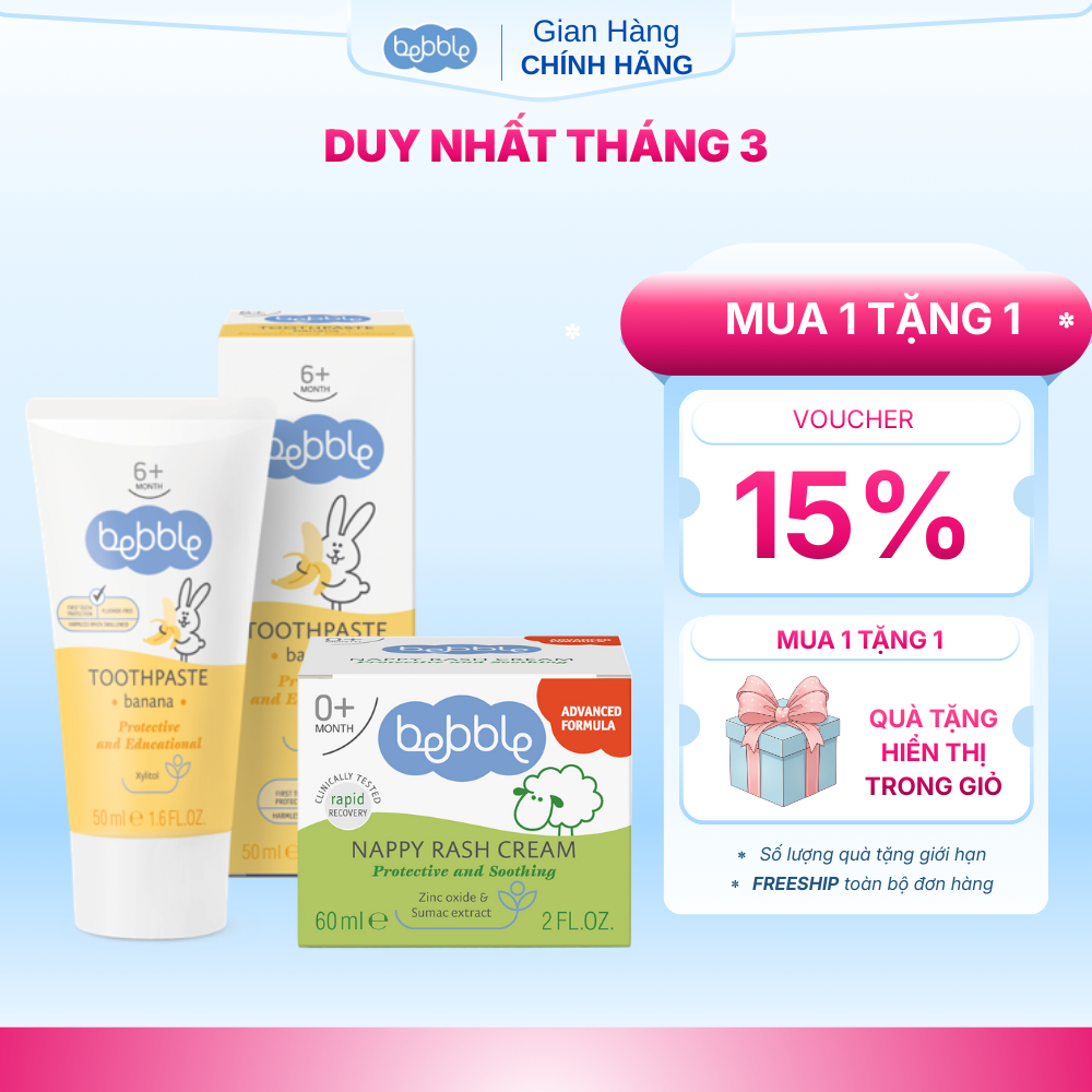 COMBO Kem hăm tã Bebble 60ml + Kem đánh răng Bebble 50g