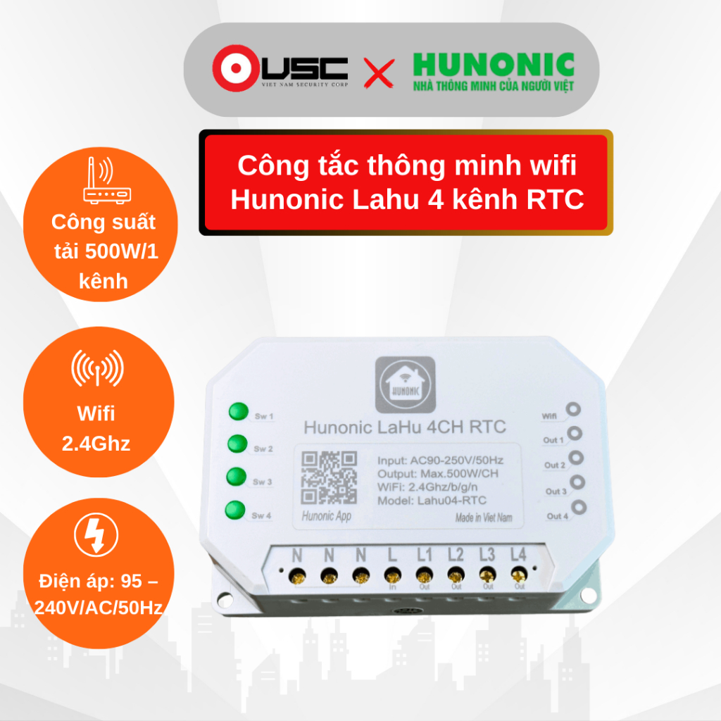 Công tắc WIFI thông minh Hunonic Lahu 4 CH RTC điều khiển từ xa |  Nhà thông minh Hunonic