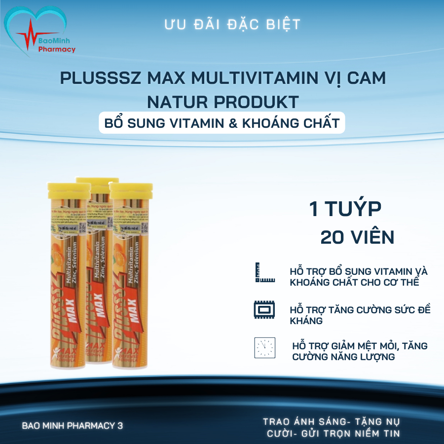 Plusssz Max Multivitamin Vị Cam Natur Produkt Tuýp 20 Viên Sủi – Bổ Sung Vitamin & Khoáng Chất