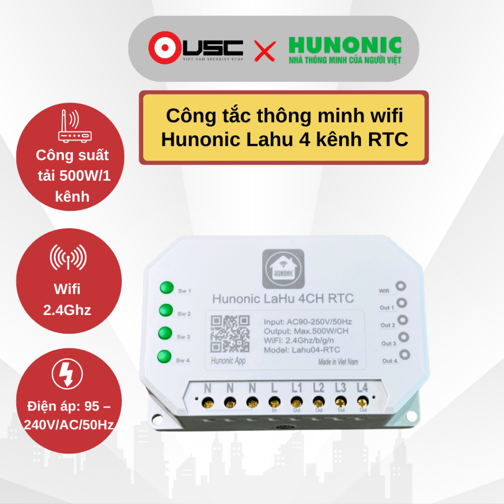 Công tắc thông minh WIFI Hunonic Lahu 4 CH RTC điều khiển từ xa |  Nhà thông minh Hunonic