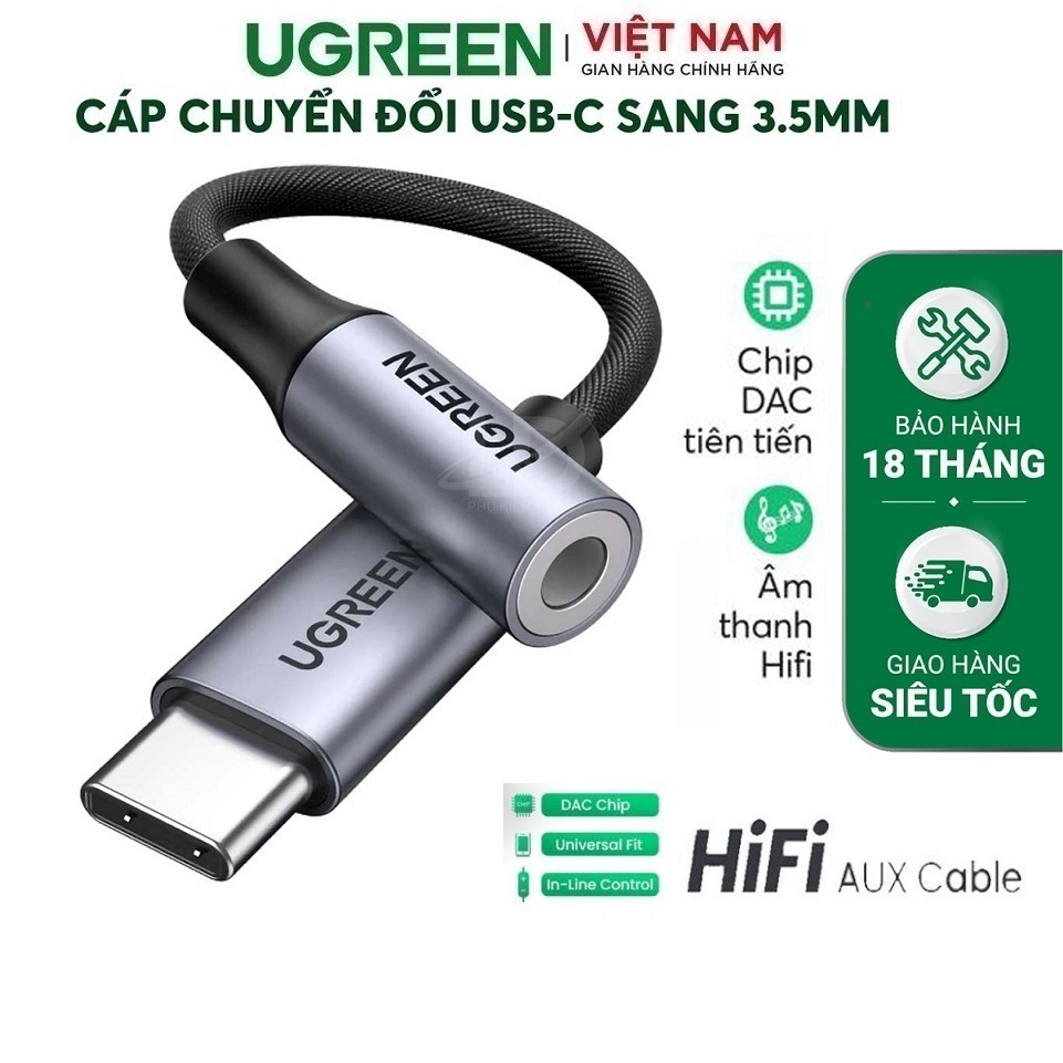 Cáp chuyển đổi Âm Thanh Type C sang cổng 3.5mm Audio có chip DAC dài 10cm cao cấp Ugreen 80154