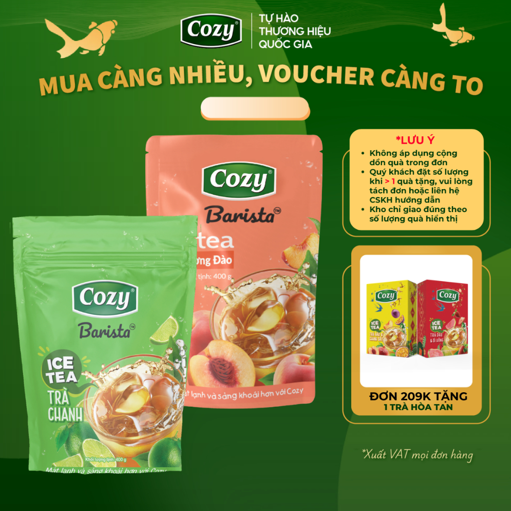 Trà Đào Cozy Hòa Tan, Trà Chanh, Trà Sâm Bí Đao, Dành Pha Chế, Làm Thạch Gói 400g