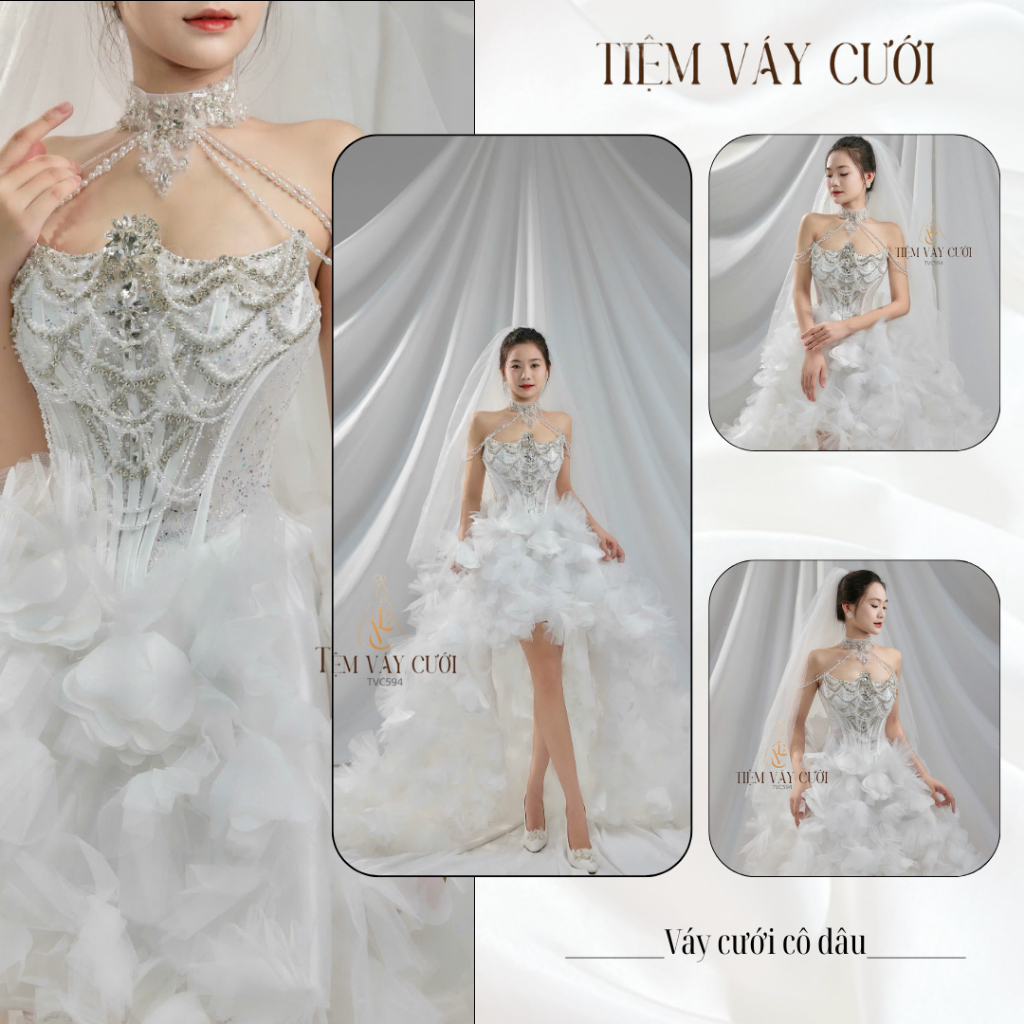 Váy Cưới Đi Bàn, Váy Cưới Cô Dâu, Đầm Cưới Ngắn, Tà Dài, Dáng Ôm, Đính Hoa 3D, TVC594