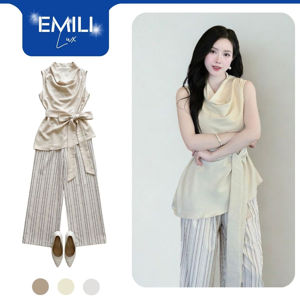 Set áo lụa cổ tròn phối tà EMILI LUX mix quần ống suông kẻ sọc phong cách Hàn Quốc [B143]