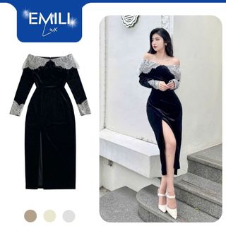 Đầm body kiểu nữ Emili dáng cổ ren dài tay xẻ đùi đi chơi tết đi dự tiệc [V261]