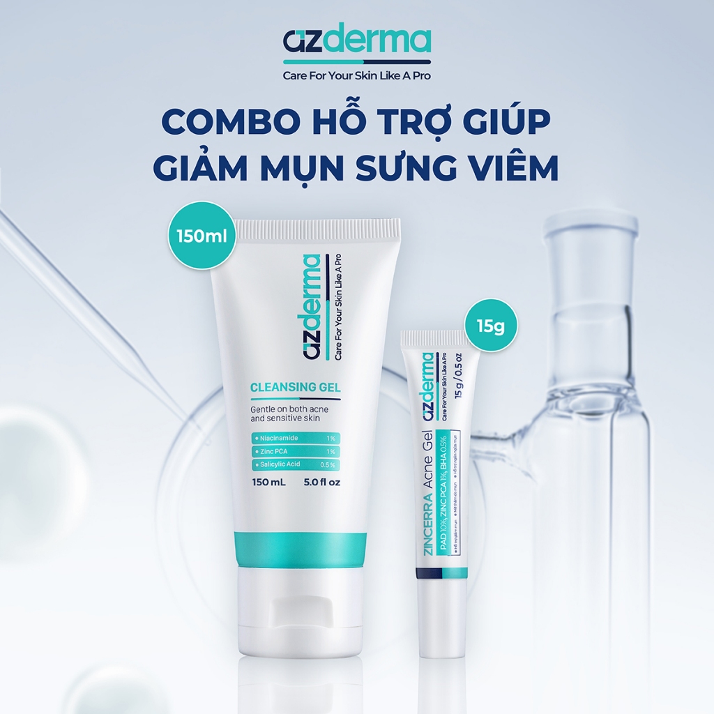 [Azderma] COMBO Hỗ Trợ Cho Da Mụn: Azderma Zincerra Acne Gel 15g & Cleansing Gel Azderma 150ml