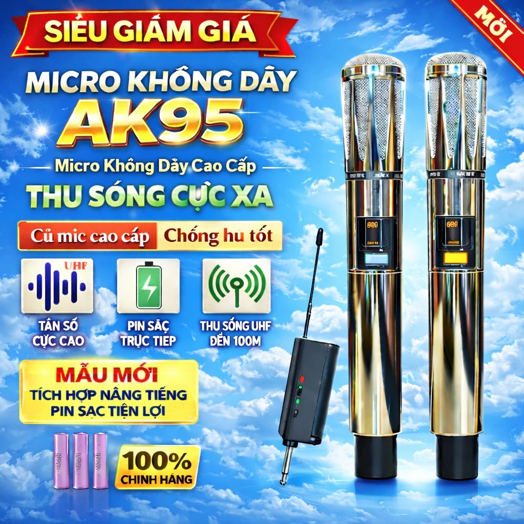 Micro Không Dây AK95| Micro Karaoke Loa Kéo Thu Sóng Xa UHF Chống Hú Tốt Pin Sạc Tiện Lợi