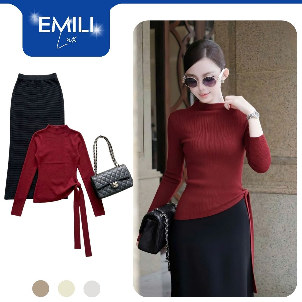 Set đồ nữ sang chảnh áo dài tay chiết eo phối chân váy dài Emili Lux set váy nữ dáng dài Basic B176