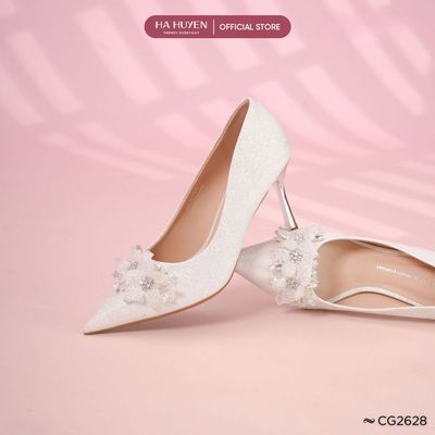  Giày cao gót nữ HÀ HUYỀN chất nhũ sần mũi nhọn đính chùm hoa gót nhọn kim loại 8cm - CG2628