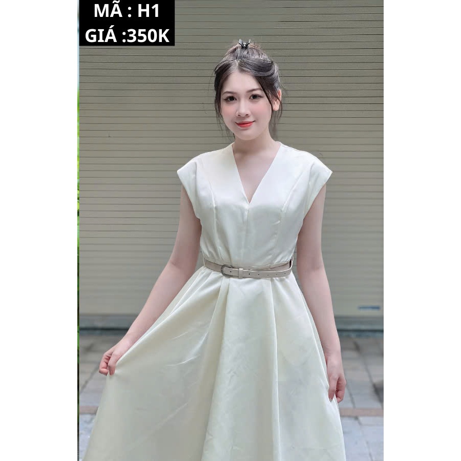 Váy Midi Thắt Eo Thanh Lịch Màu Kem H1A