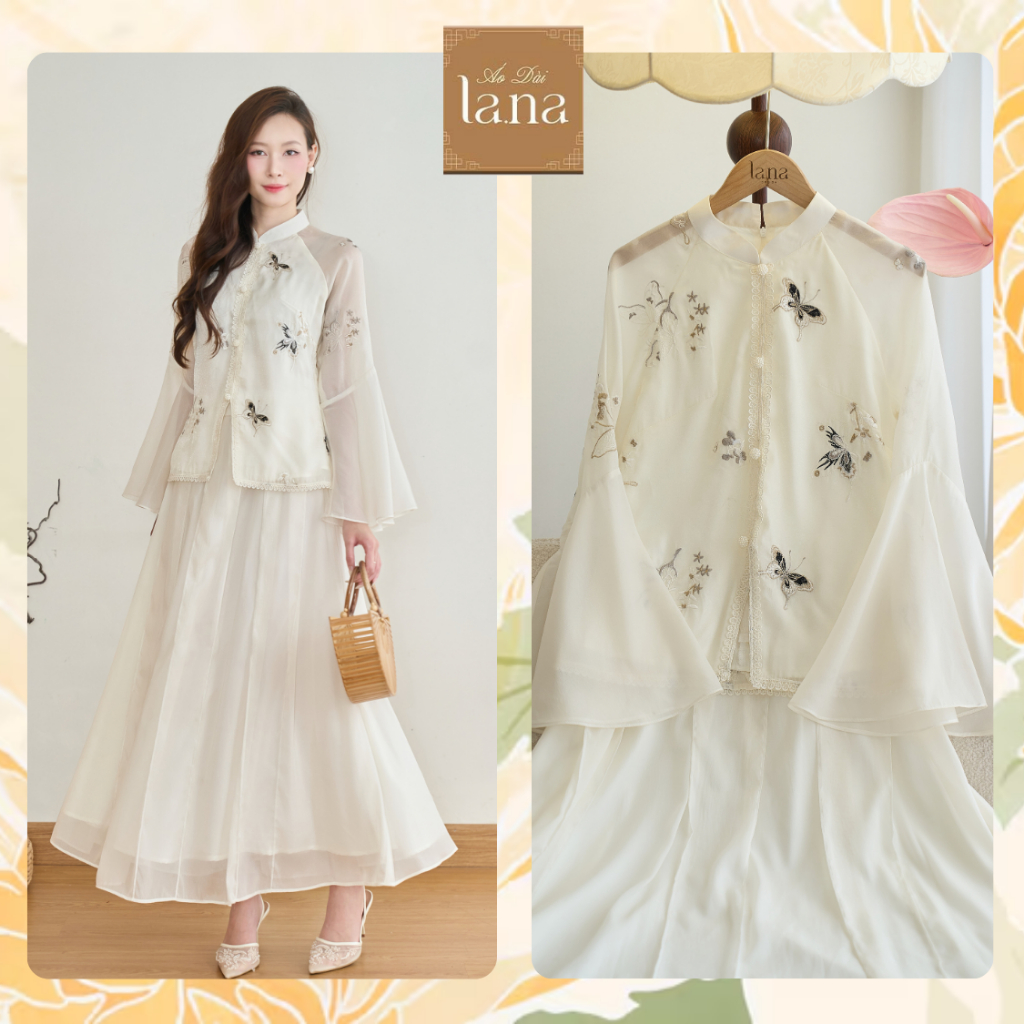 Pháp Phục Cách Tân Vũ Nguyệt Be Sáng Tơ Thêu Họa Tiết Nổi Phối Tay Lụa Đính Cườm – SV455 LANA DESIGN