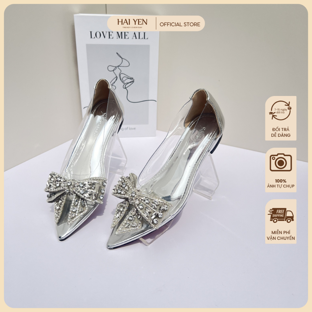 [Form Chuẩn] Giày Bệt Nữ Hải Yến Shoes D18, Giày Bling Bling Đính Nơ Đá, Quai Trong Suốt, Đế Bệt 1cm Êm Nhẹ