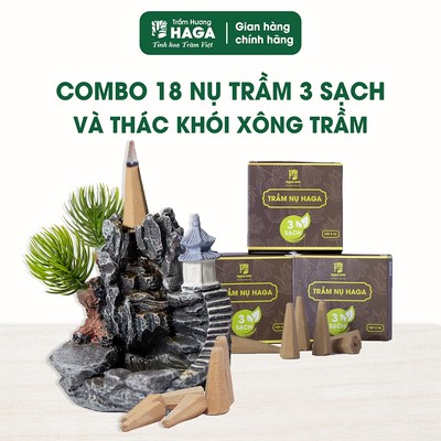 Combo 18 Nụ trầm 3 sạch Haga + Thác khói xông trầm,  bột trầm nguyên chất, xông nhà tẩy uế