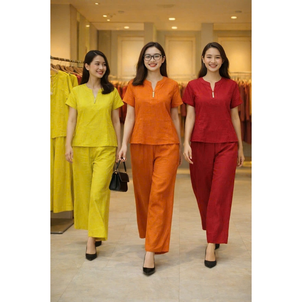 Bộ Nữ Lanh Xước HQLENS Quần Dài Áo Ngắn Tay Cổ V 3 Cúc - Đồ Bộ Trung Niên Cao Cấp M-2XL